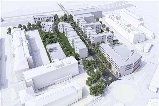 Vizualizace nové čtvrti Pražská brána v Písku, model bytových domů se stromořadím a vnitrobloky z ptačí perspektivy