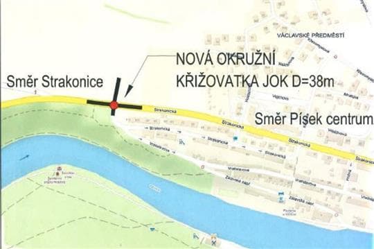 Mapa s vyznačeným místem nové okružní křižovatky na Strakonické ulici na okraji Václavského Předměstí v Písku