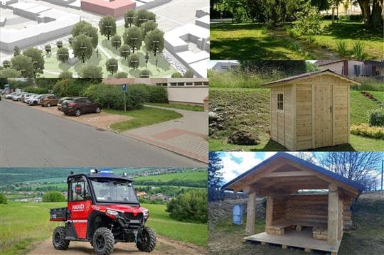Koláž čtyř realizovaných projektů z participativního rozpočtu Písku: chodník se stromy, zahradní domek, zásahové vozidlo a dřevěný přístřešek
